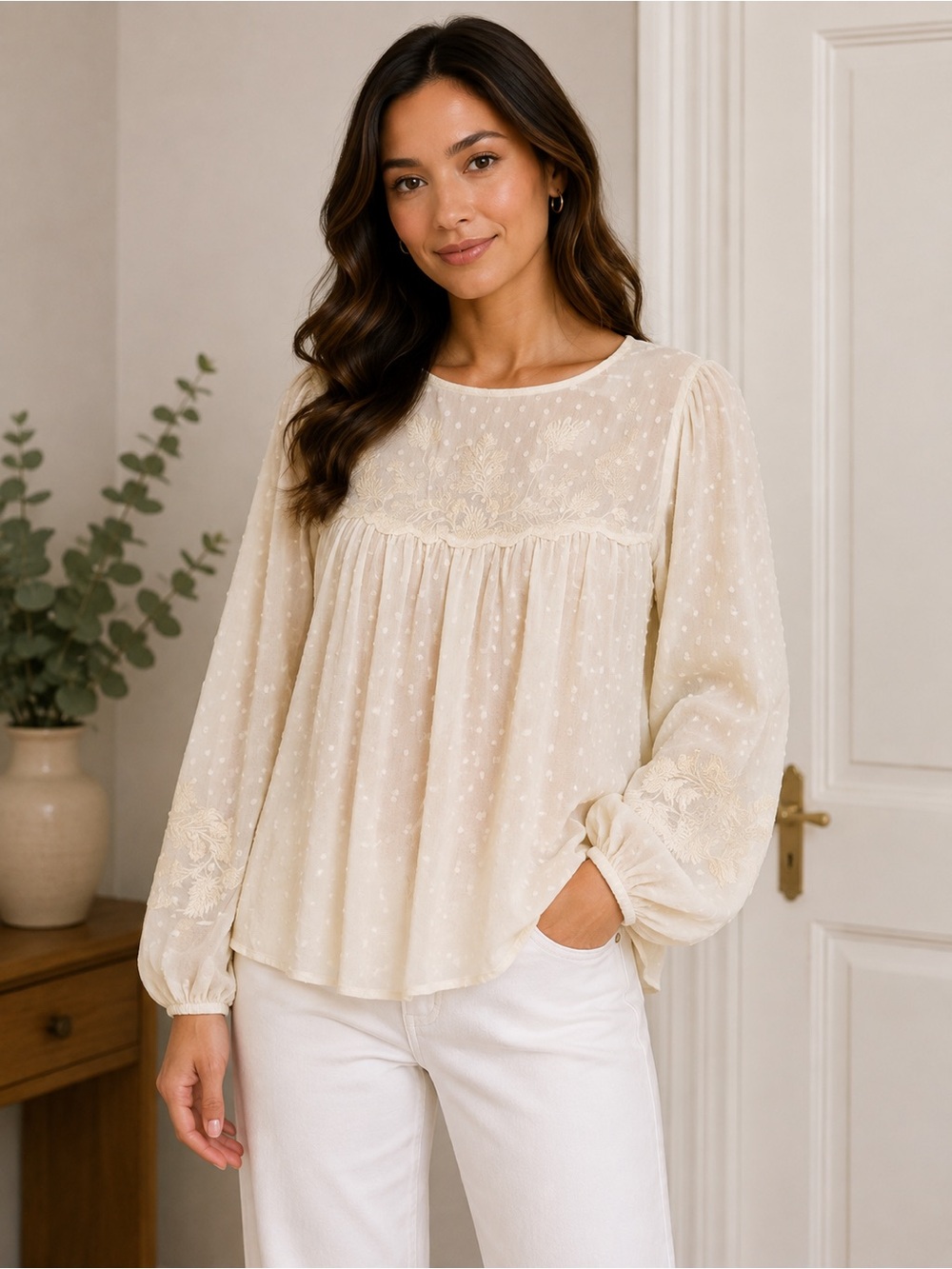 Miss Me Cream Embroidered Swiss Dot Long Sleeve Blouse M